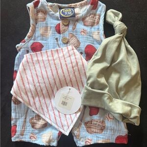 Emma Jean baby boy romper NB with bib and beanie - baseball theme
